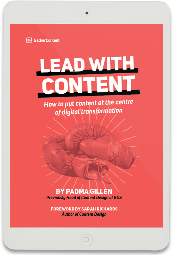 An iPad showing the book cover for Lead with Content